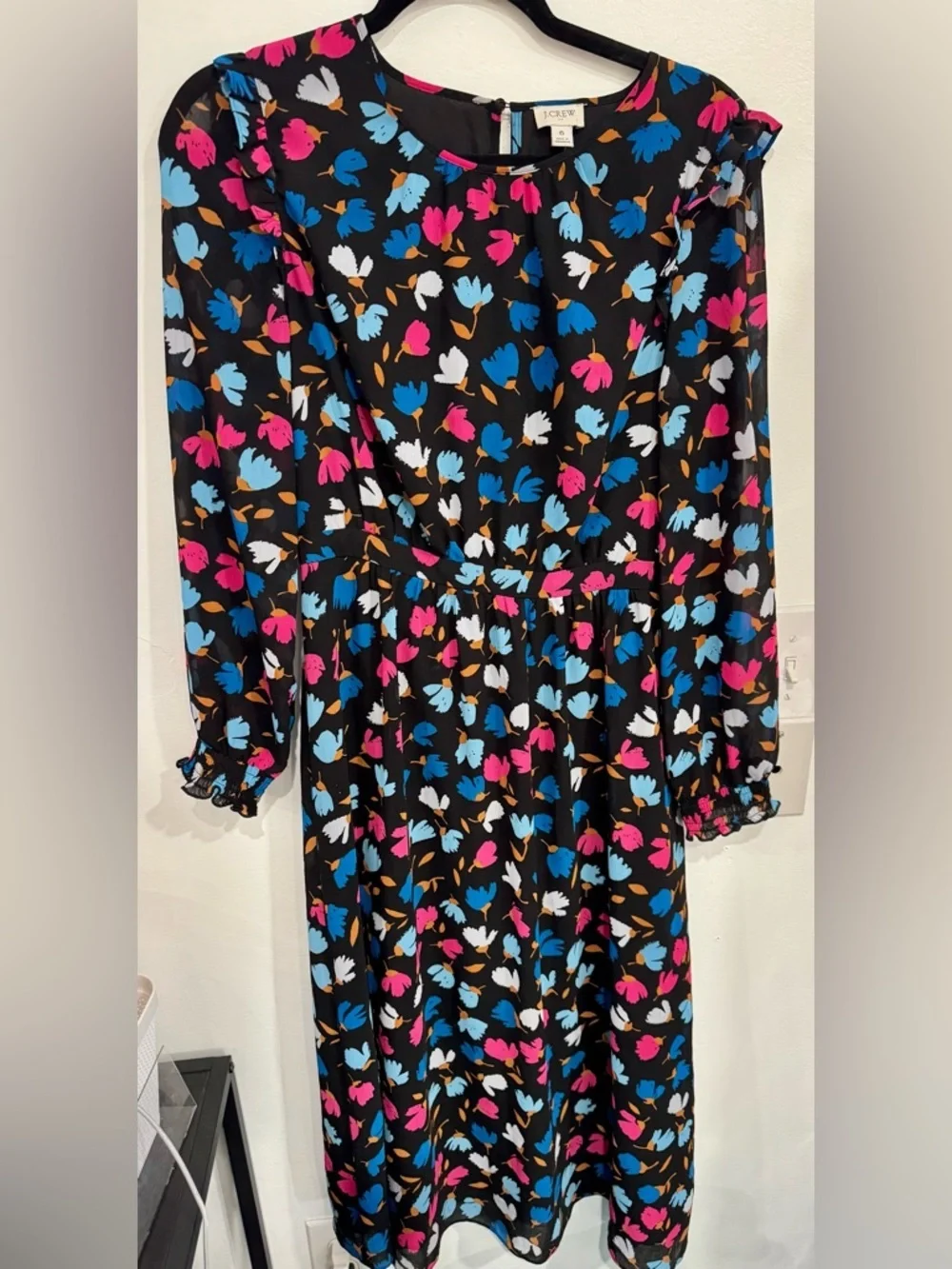 J. Crew Black Floral Print Long Sleeve Dress in Blue, Pink, White